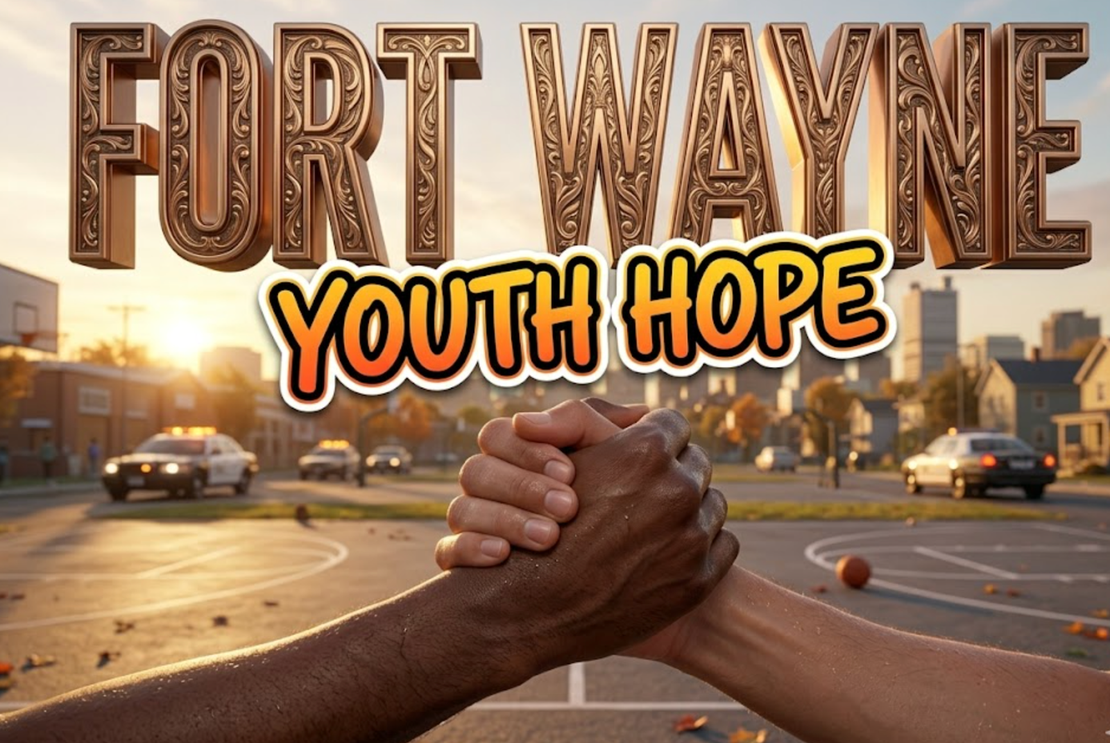 A viral, hyper-realistic YouTube thumbnail with a hopeful urban community atmosphere. The background is a Fort Wayne neighborhood street scene at golden hour with warm sunset lighting casting long shadows across basketball courts and community centers. The composition uses a low angle to focus on the main subject: a pair of diverse hands clasped together in a supportive handshake against the backdrop of the city skyline. Image size should be 3:2. The image features massive 3D typography with strict hierarchy: The Primary Text reads exactly: 'FORT WAYNE'. This text is massive, the largest element in the frame, rendered in metallic bronze with community-inspired engravings to look like a high-budget 3D render. The Secondary Text reads exactly: 'YOUTH HOPE'. This text is significantly smaller, positioned below the main text. It features a thick, vibrant orange and yellow gradient border/outline (sticker style) to contrast against the background. Make sure text 2 is always different theme, style, effect and border compared to text 1. The text materials correspond to the story's concept of community healing and prevention. Crucial Instruction: There is absolutely NO other text, numbers, watermarks, or subtitles in this image other than these two specific lines. 8k, Unreal Engine 5, cinematic render.