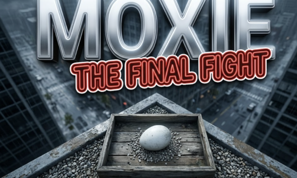 A viral, hyper realistic YouTube thumbnail with a high-stakes dramatic wildlife atmosphere. The background is a dizzying view from a modern city skyscraper ledge overlooking downtown streets with stormy, overcast lighting. The composition uses a severe high-angle shot to focus on the main subject: a highly detailed, abandoned single white bird egg resting on a bed of gravel inside a weathered wooden tray. Image size should be 3:2. The image features massive 3D typography with strict hierarchy: The Primary Text reads exactly: 'MOXIE'. This text is massive, the largest element in the frame, rendered in glowing silver chrome to look like a high-budget 3D render. The Secondary Text reads exactly: 'THE FINAL FIGHT'. This text is significantly smaller, positioned below or next to the main text. It features a thick, distinct neon red outline (sticker style) to contrast against the background. Make sure text 2 is always different theme, style, effect and border compared to text 1. The text materials correspond to the story's concept. Crucial Instruction: There is absolutely NO other text, numbers, watermarks, or subtitles in this image other than these two specific lines. 8k, Unreal Engine 5, cinematic render.