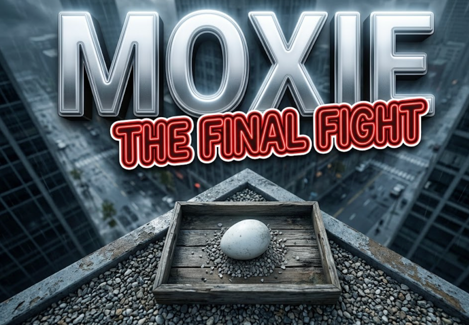 A viral, hyper realistic YouTube thumbnail with a high-stakes dramatic wildlife atmosphere. The background is a dizzying view from a modern city skyscraper ledge overlooking downtown streets with stormy, overcast lighting. The composition uses a severe high-angle shot to focus on the main subject: a highly detailed, abandoned single white bird egg resting on a bed of gravel inside a weathered wooden tray. Image size should be 3:2.
The image features massive 3D typography with strict hierarchy:
The Primary Text reads exactly: 'MOXIE'. This text is massive, the largest element in the frame, rendered in glowing silver chrome to look like a high-budget 3D render.
The Secondary Text reads exactly: 'THE FINAL FIGHT'. This text is significantly smaller, positioned below or next to the main text. It features a thick, distinct neon red outline (sticker style) to contrast against the background. Make sure text 2 is always different theme, style, effect and border compared to text 1.
The text materials correspond to the story's concept. Crucial Instruction: There is absolutely NO other text, numbers, watermarks, or subtitles in this image other than these two specific lines. 8k, Unreal Engine 5, cinematic render.