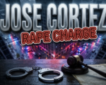 A viral, hyper-realistic YouTube thumbnail with a serious crime reporting atmosphere. The background is a dimly lit Fort Wayne cityscape at night with police emergency lights casting red and blue reflections across wet pavement and urban buildings. The composition uses a low angle to focus on the main subject: a pair of metallic handcuffs resting on official court documents with a gavel beside them, all on a dark wooden surface. Image size should be 3:2. The image features massive 3D typography with strict hierarchy: The Primary Text reads exactly: 'JOSE CORTEZ'. This text is massive, the largest element in the frame, rendered in cold metallic steel with police badge texture to look like a high-budget 3D render. The Secondary Text reads exactly: 'RAPE CHARGE'. This text is significantly smaller, positioned below the main text. It features a thick, distinct red border/outline in sticker style to contrast against the background. Make sure text 2 is always different theme, style, effect and border compared to text 1. The text materials correspond to the story's concept. Crucial Instruction: There is absolutely NO other text, numbers, watermarks, or subtitles in this image other than these two specific lines. 8k, Unreal Engine 5, cinematic render.