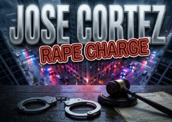 A viral, hyper-realistic YouTube thumbnail with a serious crime reporting atmosphere. The background is a dimly lit Fort Wayne cityscape at night with police emergency lights casting red and blue reflections across wet pavement and urban buildings. The composition uses a low angle to focus on the main subject: a pair of metallic handcuffs resting on official court documents with a gavel beside them, all on a dark wooden surface. Image size should be 3:2. The image features massive 3D typography with strict hierarchy: The Primary Text reads exactly: 'JOSE CORTEZ'. This text is massive, the largest element in the frame, rendered in cold metallic steel with police badge texture to look like a high-budget 3D render. The Secondary Text reads exactly: 'RAPE CHARGE'. This text is significantly smaller, positioned below the main text. It features a thick, distinct red border/outline in sticker style to contrast against the background. Make sure text 2 is always different theme, style, effect and border compared to text 1. The text materials correspond to the story's concept. Crucial Instruction: There is absolutely NO other text, numbers, watermarks, or subtitles in this image other than these two specific lines. 8k, Unreal Engine 5, cinematic render.