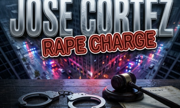 A viral, hyper-realistic YouTube thumbnail with a serious crime reporting atmosphere. The background is a dimly lit Fort Wayne cityscape at night with police emergency lights casting red and blue reflections across wet pavement and urban buildings. The composition uses a low angle to focus on the main subject: a pair of metallic handcuffs resting on official court documents with a gavel beside them, all on a dark wooden surface. Image size should be 3:2. The image features massive 3D typography with strict hierarchy: The Primary Text reads exactly: 'JOSE CORTEZ'. This text is massive, the largest element in the frame, rendered in cold metallic steel with police badge texture to look like a high-budget 3D render. The Secondary Text reads exactly: 'RAPE CHARGE'. This text is significantly smaller, positioned below the main text. It features a thick, distinct red border/outline in sticker style to contrast against the background. Make sure text 2 is always different theme, style, effect and border compared to text 1. The text materials correspond to the story's concept. Crucial Instruction: There is absolutely NO other text, numbers, watermarks, or subtitles in this image other than these two specific lines. 8k, Unreal Engine 5, cinematic render.