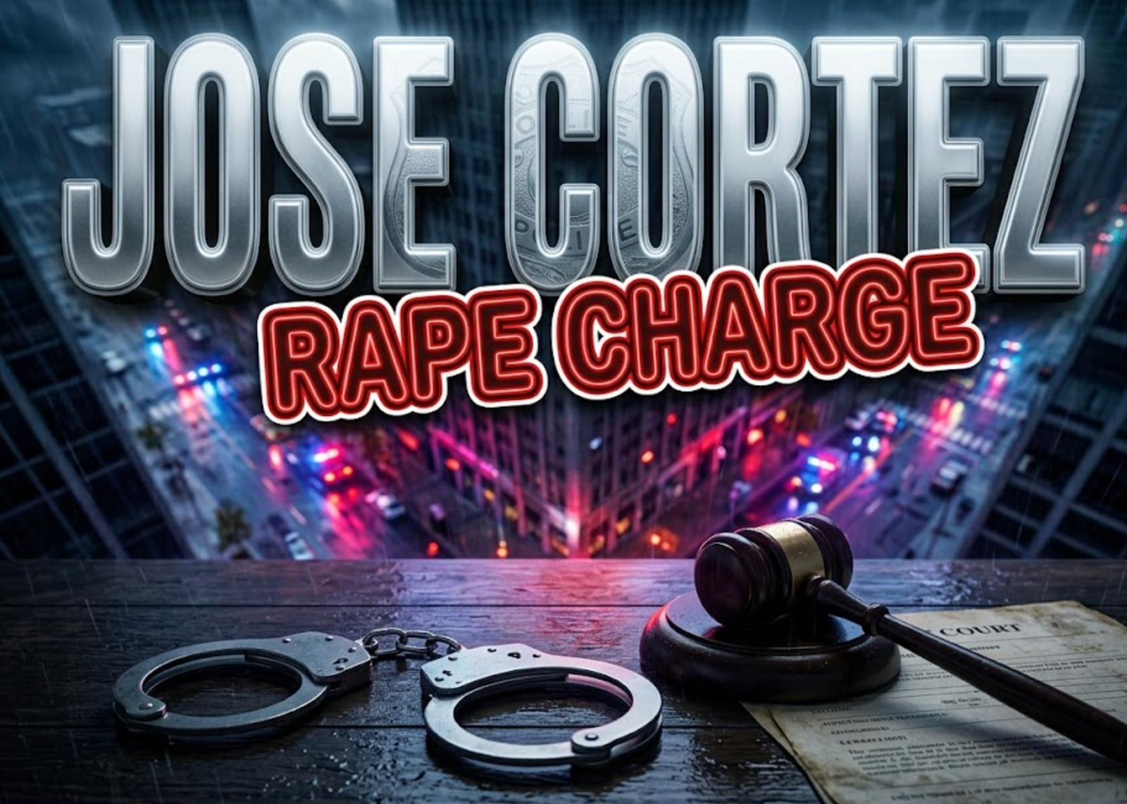 A viral, hyper-realistic YouTube thumbnail with a serious crime reporting atmosphere. The background is a dimly lit Fort Wayne cityscape at night with police emergency lights casting red and blue reflections across wet pavement and urban buildings. The composition uses a low angle to focus on the main subject: a pair of metallic handcuffs resting on official court documents with a gavel beside them, all on a dark wooden surface. Image size should be 3:2. The image features massive 3D typography with strict hierarchy: The Primary Text reads exactly: 'JOSE CORTEZ'. This text is massive, the largest element in the frame, rendered in cold metallic steel with police badge texture to look like a high-budget 3D render. The Secondary Text reads exactly: 'RAPE CHARGE'. This text is significantly smaller, positioned below the main text. It features a thick, distinct red border/outline in sticker style to contrast against the background. Make sure text 2 is always different theme, style, effect and border compared to text 1. The text materials correspond to the story's concept. Crucial Instruction: There is absolutely NO other text, numbers, watermarks, or subtitles in this image other than these two specific lines. 8k, Unreal Engine 5, cinematic render.