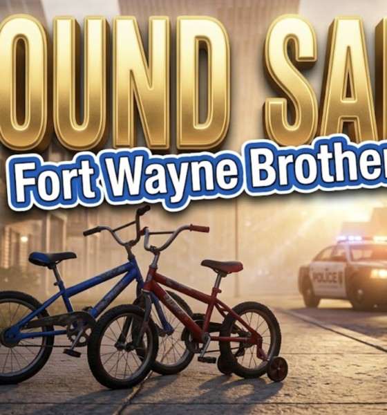 A viral, hyper-realistic YouTube thumbnail with a hopeful community safety atmosphere. The background is a residential apartment complex at dawn with warm golden hour lighting breaking through morning mist. The composition uses a low angle to focus on the main subject: two empty children's bicycles leaning against each other on a sidewalk, with a police patrol car's flashing lights softly illuminating the scene in the background. Image size should be 3:2. The image features massive 3D typography with strict hierarchy: The Primary Text reads exactly: 'FOUND SAFE'. This text is massive, the largest element in the frame, rendered in radiant gold with relief lighting to look like a high-budget 3D render. The Secondary Text reads exactly: 'Fort Wayne Brothers'. This text is significantly smaller, positioned below the main text. It features a thick, distinct blue border/outline (sticker style) with white fill to contrast against the background. Make sure text 2 is always different theme, style, effect and border compared to text 1. The text materials correspond to the story's concept. Crucial Instruction: There is absolutely NO other text, numbers, watermarks, or subtitles in this image other than these two specific lines. 8k, Unreal Engine 5, cinematic render.