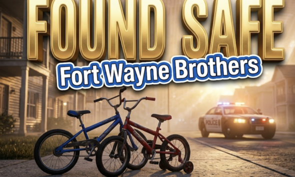 A viral, hyper-realistic YouTube thumbnail with a hopeful community safety atmosphere. The background is a residential apartment complex at dawn with warm golden hour lighting breaking through morning mist. The composition uses a low angle to focus on the main subject: two empty children's bicycles leaning against each other on a sidewalk, with a police patrol car's flashing lights softly illuminating the scene in the background. Image size should be 3:2. The image features massive 3D typography with strict hierarchy: The Primary Text reads exactly: 'FOUND SAFE'. This text is massive, the largest element in the frame, rendered in radiant gold with relief lighting to look like a high-budget 3D render. The Secondary Text reads exactly: 'Fort Wayne Brothers'. This text is significantly smaller, positioned below the main text. It features a thick, distinct blue border/outline (sticker style) with white fill to contrast against the background. Make sure text 2 is always different theme, style, effect and border compared to text 1. The text materials correspond to the story's concept. Crucial Instruction: There is absolutely NO other text, numbers, watermarks, or subtitles in this image other than these two specific lines. 8k, Unreal Engine 5, cinematic render.