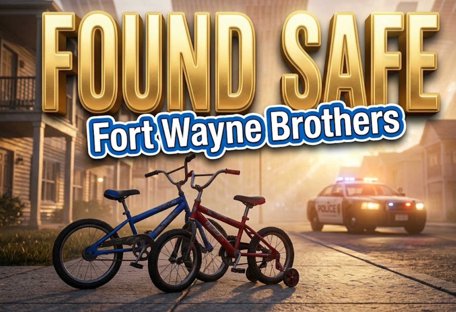 A viral, hyper-realistic YouTube thumbnail with a hopeful community safety atmosphere. The background is a residential apartment complex at dawn with warm golden hour lighting breaking through morning mist. The composition uses a low angle to focus on the main subject: two empty children's bicycles leaning against each other on a sidewalk, with a police patrol car's flashing lights softly illuminating the scene in the background. Image size should be 3:2. The image features massive 3D typography with strict hierarchy: The Primary Text reads exactly: 'FOUND SAFE'. This text is massive, the largest element in the frame, rendered in radiant gold with relief lighting to look like a high-budget 3D render. The Secondary Text reads exactly: 'Fort Wayne Brothers'. This text is significantly smaller, positioned below the main text. It features a thick, distinct blue border/outline (sticker style) with white fill to contrast against the background. Make sure text 2 is always different theme, style, effect and border compared to text 1. The text materials correspond to the story's concept. Crucial Instruction: There is absolutely NO other text, numbers, watermarks, or subtitles in this image other than these two specific lines. 8k, Unreal Engine 5, cinematic render.