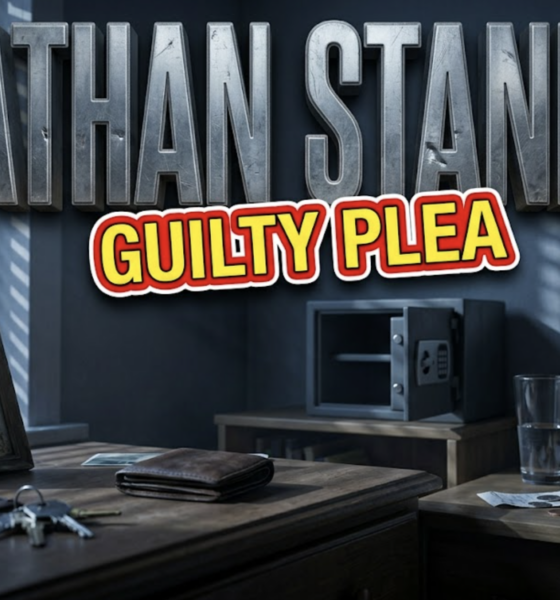 A viral, hyper-realistic YouTube thumbnail with a somber, investigative atmosphere. The background is a dimly lit bedroom interior with muted blues and grays, featuring soft ambient lighting through partially closed blinds creating dramatic shadows. The composition uses a low angle shot to focus on the main subject: a bedroom dresser top with scattered everyday items, with a gun safe sitting closed but empty in the background, symbolizing negligence. Image size should be 3:2. The image features massive 3D typography with strict hierarchy: The Primary Text reads exactly: 'NATHAN STANLEY'. This text is massive, the largest element in the frame, rendered in heavy metallic steel with weathered texture to look like a high-budget 3D render. The Secondary Text reads exactly: 'GUILTY PLEA'. This text is significantly smaller, positioned below the main text. It features a thick, distinct red border/outline (sticker style) with bold yellow fill to contrast against the background. Make sure text 2 is always different theme, style, effect and border compared to text 1. The text materials correspond to the story's concept. Crucial Instruction: There is absolutely NO other text, numbers, watermarks, or subtitles in this image other than these two specific lines. 8k, Unreal Engine 5, cinematic render.