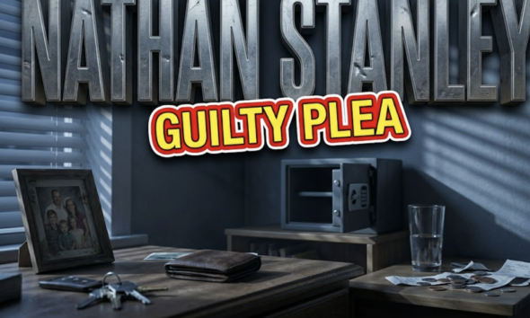 A viral, hyper-realistic YouTube thumbnail with a somber, investigative atmosphere. The background is a dimly lit bedroom interior with muted blues and grays, featuring soft ambient lighting through partially closed blinds creating dramatic shadows. The composition uses a low angle shot to focus on the main subject: a bedroom dresser top with scattered everyday items, with a gun safe sitting closed but empty in the background, symbolizing negligence. Image size should be 3:2. The image features massive 3D typography with strict hierarchy: The Primary Text reads exactly: 'NATHAN STANLEY'. This text is massive, the largest element in the frame, rendered in heavy metallic steel with weathered texture to look like a high-budget 3D render. The Secondary Text reads exactly: 'GUILTY PLEA'. This text is significantly smaller, positioned below the main text. It features a thick, distinct red border/outline (sticker style) with bold yellow fill to contrast against the background. Make sure text 2 is always different theme, style, effect and border compared to text 1. The text materials correspond to the story's concept. Crucial Instruction: There is absolutely NO other text, numbers, watermarks, or subtitles in this image other than these two specific lines. 8k, Unreal Engine 5, cinematic render.