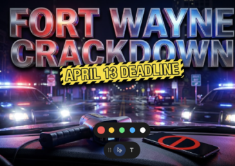 A viral, hyper-realistic YouTube thumbnail with a Law Enforcement Safety atmosphere. The background is a nighttime Fort Wayne street scene with red and blue police lights casting dramatic illumination across wet asphalt, street signs visible in the distance with police cruiser headlights creating lens flares. The composition uses a Low Angle shot to focus on the main subject: a detailed police radar gun pointed forward with speed readout display glowing, positioned next to a smartphone lying face-down on a car dashboard with a prominent red prohibition symbol overlay. Image size should be 3:2. The image features massive 3D typography with strict hierarchy: The Primary Text reads exactly: 'FORT WAYNE CRACKDOWN'. This text is massive, the largest element in the frame, rendered in Chrome and Red/Blue Police Light Reflections to look like a high-budget 3D render. The Secondary Text reads exactly: 'APRIL 13 DEADLINE'. This text is significantly smaller, positioned below or next to the main text. It features a thick, distinct yellow and black hazard stripe border/outline (sticker style) to contrast against the background. Make sure text 2 is always different theme, style, effect and border compared to text 1. The text materials correspond to the story's concept. Crucial Instruction: There is absolutely NO other text, numbers, watermarks, or subtitles in this image other than these two specific lines. 8k, Unreal Engine 5, cinematic render.