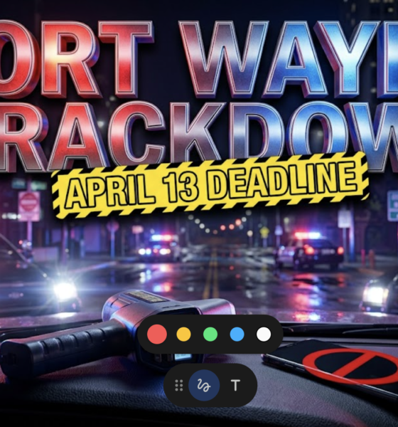 A viral, hyper-realistic YouTube thumbnail with a Law Enforcement Safety atmosphere. The background is a nighttime Fort Wayne street scene with red and blue police lights casting dramatic illumination across wet asphalt, street signs visible in the distance with police cruiser headlights creating lens flares. The composition uses a Low Angle shot to focus on the main subject: a detailed police radar gun pointed forward with speed readout display glowing, positioned next to a smartphone lying face-down on a car dashboard with a prominent red prohibition symbol overlay. Image size should be 3:2. The image features massive 3D typography with strict hierarchy: The Primary Text reads exactly: 'FORT WAYNE CRACKDOWN'. This text is massive, the largest element in the frame, rendered in Chrome and Red/Blue Police Light Reflections to look like a high-budget 3D render. The Secondary Text reads exactly: 'APRIL 13 DEADLINE'. This text is significantly smaller, positioned below or next to the main text. It features a thick, distinct yellow and black hazard stripe border/outline (sticker style) to contrast against the background. Make sure text 2 is always different theme, style, effect and border compared to text 1. The text materials correspond to the story's concept. Crucial Instruction: There is absolutely NO other text, numbers, watermarks, or subtitles in this image other than these two specific lines. 8k, Unreal Engine 5, cinematic render.