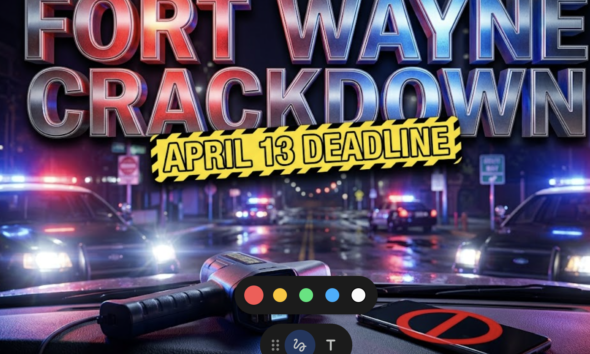 A viral, hyper-realistic YouTube thumbnail with a Law Enforcement Safety atmosphere. The background is a nighttime Fort Wayne street scene with red and blue police lights casting dramatic illumination across wet asphalt, street signs visible in the distance with police cruiser headlights creating lens flares. The composition uses a Low Angle shot to focus on the main subject: a detailed police radar gun pointed forward with speed readout display glowing, positioned next to a smartphone lying face-down on a car dashboard with a prominent red prohibition symbol overlay. Image size should be 3:2. The image features massive 3D typography with strict hierarchy: The Primary Text reads exactly: 'FORT WAYNE CRACKDOWN'. This text is massive, the largest element in the frame, rendered in Chrome and Red/Blue Police Light Reflections to look like a high-budget 3D render. The Secondary Text reads exactly: 'APRIL 13 DEADLINE'. This text is significantly smaller, positioned below or next to the main text. It features a thick, distinct yellow and black hazard stripe border/outline (sticker style) to contrast against the background. Make sure text 2 is always different theme, style, effect and border compared to text 1. The text materials correspond to the story's concept. Crucial Instruction: There is absolutely NO other text, numbers, watermarks, or subtitles in this image other than these two specific lines. 8k, Unreal Engine 5, cinematic render.