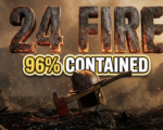A viral, hyper-realistic YouTube thumbnail with a dramatic wildfire emergency atmosphere. The background is a smoky mountain landscape with Fort Carson terrain featuring orange-tinted haze and charred earth with specific golden hour lighting filtering through smoke. The composition uses a low angle to focus on the main subject: a massive firefighter helmet and axe crossed together planted in scorched ground with ember particles floating in the air. Image size should be 3:2. The image features massive 3D typography with strict hierarchy: The Primary Text reads exactly: '24 FIRE'. This text is massive, the largest element in the frame, rendered in glowing ember and ash material with fire particles to look like a high-budget 3D render. The Secondary Text reads exactly: '96% CONTAINED'. This text is significantly smaller, positioned below the main text. It features a thick, distinct white and yellow border/outline (sticker style) to contrast against the background. Make sure text 2 is always different theme, style, effect and border compared to text 1. The text materials correspond to the story's concept. Crucial Instruction: There is absolutely NO other text, numbers, watermarks, or subtitles in this image other than these two specific lines. 8k, Unreal Engine 5, cinematic render.