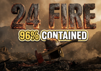 A viral, hyper-realistic YouTube thumbnail with a dramatic wildfire emergency atmosphere. The background is a smoky mountain landscape with Fort Carson terrain featuring orange-tinted haze and charred earth with specific golden hour lighting filtering through smoke. The composition uses a low angle to focus on the main subject: a massive firefighter helmet and axe crossed together planted in scorched ground with ember particles floating in the air. Image size should be 3:2. The image features massive 3D typography with strict hierarchy: The Primary Text reads exactly: '24 FIRE'. This text is massive, the largest element in the frame, rendered in glowing ember and ash material with fire particles to look like a high-budget 3D render. The Secondary Text reads exactly: '96% CONTAINED'. This text is significantly smaller, positioned below the main text. It features a thick, distinct white and yellow border/outline (sticker style) to contrast against the background. Make sure text 2 is always different theme, style, effect and border compared to text 1. The text materials correspond to the story's concept. Crucial Instruction: There is absolutely NO other text, numbers, watermarks, or subtitles in this image other than these two specific lines. 8k, Unreal Engine 5, cinematic render.