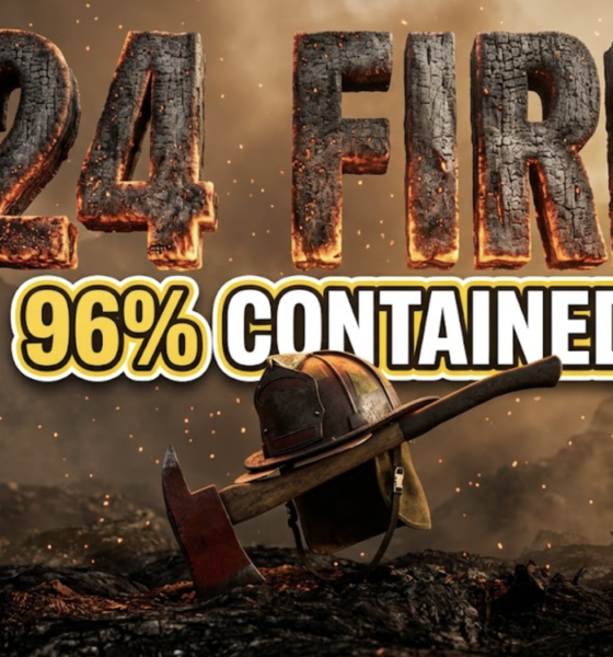 A viral, hyper-realistic YouTube thumbnail with a dramatic wildfire emergency atmosphere. The background is a smoky mountain landscape with Fort Carson terrain featuring orange-tinted haze and charred earth with specific golden hour lighting filtering through smoke. The composition uses a low angle to focus on the main subject: a massive firefighter helmet and axe crossed together planted in scorched ground with ember particles floating in the air. Image size should be 3:2. The image features massive 3D typography with strict hierarchy: The Primary Text reads exactly: '24 FIRE'. This text is massive, the largest element in the frame, rendered in glowing ember and ash material with fire particles to look like a high-budget 3D render. The Secondary Text reads exactly: '96% CONTAINED'. This text is significantly smaller, positioned below the main text. It features a thick, distinct white and yellow border/outline (sticker style) to contrast against the background. Make sure text 2 is always different theme, style, effect and border compared to text 1. The text materials correspond to the story's concept. Crucial Instruction: There is absolutely NO other text, numbers, watermarks, or subtitles in this image other than these two specific lines. 8k, Unreal Engine 5, cinematic render.