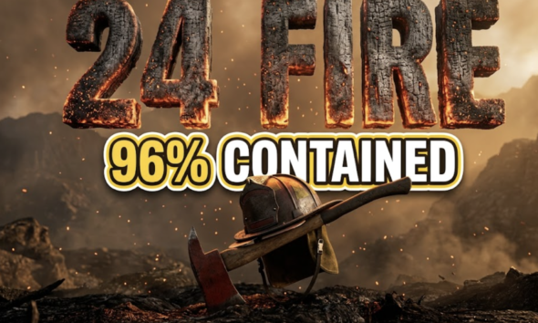A viral, hyper-realistic YouTube thumbnail with a dramatic wildfire emergency atmosphere. The background is a smoky mountain landscape with Fort Carson terrain featuring orange-tinted haze and charred earth with specific golden hour lighting filtering through smoke. The composition uses a low angle to focus on the main subject: a massive firefighter helmet and axe crossed together planted in scorched ground with ember particles floating in the air. Image size should be 3:2. The image features massive 3D typography with strict hierarchy: The Primary Text reads exactly: '24 FIRE'. This text is massive, the largest element in the frame, rendered in glowing ember and ash material with fire particles to look like a high-budget 3D render. The Secondary Text reads exactly: '96% CONTAINED'. This text is significantly smaller, positioned below the main text. It features a thick, distinct white and yellow border/outline (sticker style) to contrast against the background. Make sure text 2 is always different theme, style, effect and border compared to text 1. The text materials correspond to the story's concept. Crucial Instruction: There is absolutely NO other text, numbers, watermarks, or subtitles in this image other than these two specific lines. 8k, Unreal Engine 5, cinematic render.