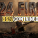 A viral, hyper-realistic YouTube thumbnail with a dramatic wildfire emergency atmosphere. The background is a smoky mountain landscape with Fort Carson terrain featuring orange-tinted haze and charred earth with specific golden hour lighting filtering through smoke. The composition uses a low angle to focus on the main subject: a massive firefighter helmet and axe crossed together planted in scorched ground with ember particles floating in the air. Image size should be 3:2. The image features massive 3D typography with strict hierarchy: The Primary Text reads exactly: '24 FIRE'. This text is massive, the largest element in the frame, rendered in glowing ember and ash material with fire particles to look like a high-budget 3D render. The Secondary Text reads exactly: '96% CONTAINED'. This text is significantly smaller, positioned below the main text. It features a thick, distinct white and yellow border/outline (sticker style) to contrast against the background. Make sure text 2 is always different theme, style, effect and border compared to text 1. The text materials correspond to the story's concept. Crucial Instruction: There is absolutely NO other text, numbers, watermarks, or subtitles in this image other than these two specific lines. 8k, Unreal Engine 5, cinematic render.