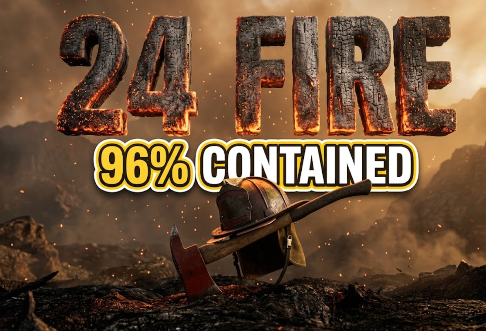 A viral, hyper-realistic YouTube thumbnail with a dramatic wildfire emergency atmosphere. The background is a smoky mountain landscape with Fort Carson terrain featuring orange-tinted haze and charred earth with specific golden hour lighting filtering through smoke. The composition uses a low angle to focus on the main subject: a massive firefighter helmet and axe crossed together planted in scorched ground with ember particles floating in the air. Image size should be 3:2. The image features massive 3D typography with strict hierarchy: The Primary Text reads exactly: '24 FIRE'. This text is massive, the largest element in the frame, rendered in glowing ember and ash material with fire particles to look like a high-budget 3D render. The Secondary Text reads exactly: '96% CONTAINED'. This text is significantly smaller, positioned below the main text. It features a thick, distinct white and yellow border/outline (sticker style) to contrast against the background. Make sure text 2 is always different theme, style, effect and border compared to text 1. The text materials correspond to the story's concept. Crucial Instruction: There is absolutely NO other text, numbers, watermarks, or subtitles in this image other than these two specific lines. 8k, Unreal Engine 5, cinematic render.