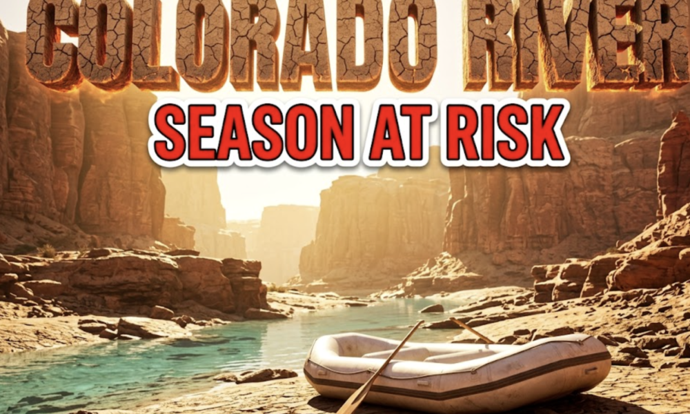 A viral, hyper-realistic YouTube thumbnail with a dramatic outdoor adventure atmosphere. The background is a sun-scorched Colorado River canyon with exposed rocky riverbanks, shallow turquoise water, and towering red rock formations under intense golden sunlight creating harsh shadows. The composition uses a low angle Dutch tilt to focus on the main subject: an empty, grounded white water raft sitting on dry cracked riverbed rocks with a wooden paddle leaning against it. Image size should be 3:2. The image features massive 3D typography with strict hierarchy: The Primary Text reads exactly: 'COLORADO RIVER'. This text is massive, the largest element in the frame, rendered in dried cracked earth texture with glowing orange heat distortion to look like a high-budget 3D render. The Secondary Text reads exactly: 'SEASON AT RISK'. This text is significantly smaller, positioned below the main text. It features a thick, distinct bright red border with white outline in sticker style to contrast against the background. Make sure text 2 is always different theme, style, effect and border compared to text 1. The text materials correspond to the story's concept. Crucial Instruction: There is absolutely NO other text, numbers, watermarks, or subtitles in this image other than these two specific lines. 8k, Unreal Engine 5, cinematic render