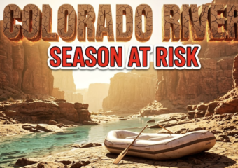 A viral, hyper-realistic YouTube thumbnail with a dramatic outdoor adventure atmosphere. The background is a sun-scorched Colorado River canyon with exposed rocky riverbanks, shallow turquoise water, and towering red rock formations under intense golden sunlight creating harsh shadows. The composition uses a low angle Dutch tilt to focus on the main subject: an empty, grounded white water raft sitting on dry cracked riverbed rocks with a wooden paddle leaning against it. Image size should be 3:2. The image features massive 3D typography with strict hierarchy: The Primary Text reads exactly: 'COLORADO RIVER'. This text is massive, the largest element in the frame, rendered in dried cracked earth texture with glowing orange heat distortion to look like a high-budget 3D render. The Secondary Text reads exactly: 'SEASON AT RISK'. This text is significantly smaller, positioned below the main text. It features a thick, distinct bright red border with white outline in sticker style to contrast against the background. Make sure text 2 is always different theme, style, effect and border compared to text 1. The text materials correspond to the story's concept. Crucial Instruction: There is absolutely NO other text, numbers, watermarks, or subtitles in this image other than these two specific lines. 8k, Unreal Engine 5, cinematic render