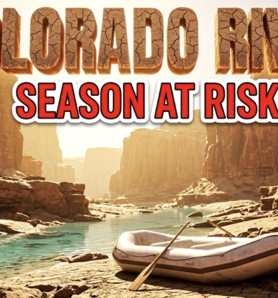A viral, hyper-realistic YouTube thumbnail with a dramatic outdoor adventure atmosphere. The background is a sun-scorched Colorado River canyon with exposed rocky riverbanks, shallow turquoise water, and towering red rock formations under intense golden sunlight creating harsh shadows. The composition uses a low angle Dutch tilt to focus on the main subject: an empty, grounded white water raft sitting on dry cracked riverbed rocks with a wooden paddle leaning against it. Image size should be 3:2. The image features massive 3D typography with strict hierarchy: The Primary Text reads exactly: 'COLORADO RIVER'. This text is massive, the largest element in the frame, rendered in dried cracked earth texture with glowing orange heat distortion to look like a high-budget 3D render. The Secondary Text reads exactly: 'SEASON AT RISK'. This text is significantly smaller, positioned below the main text. It features a thick, distinct bright red border with white outline in sticker style to contrast against the background. Make sure text 2 is always different theme, style, effect and border compared to text 1. The text materials correspond to the story's concept. Crucial Instruction: There is absolutely NO other text, numbers, watermarks, or subtitles in this image other than these two specific lines. 8k, Unreal Engine 5, cinematic render