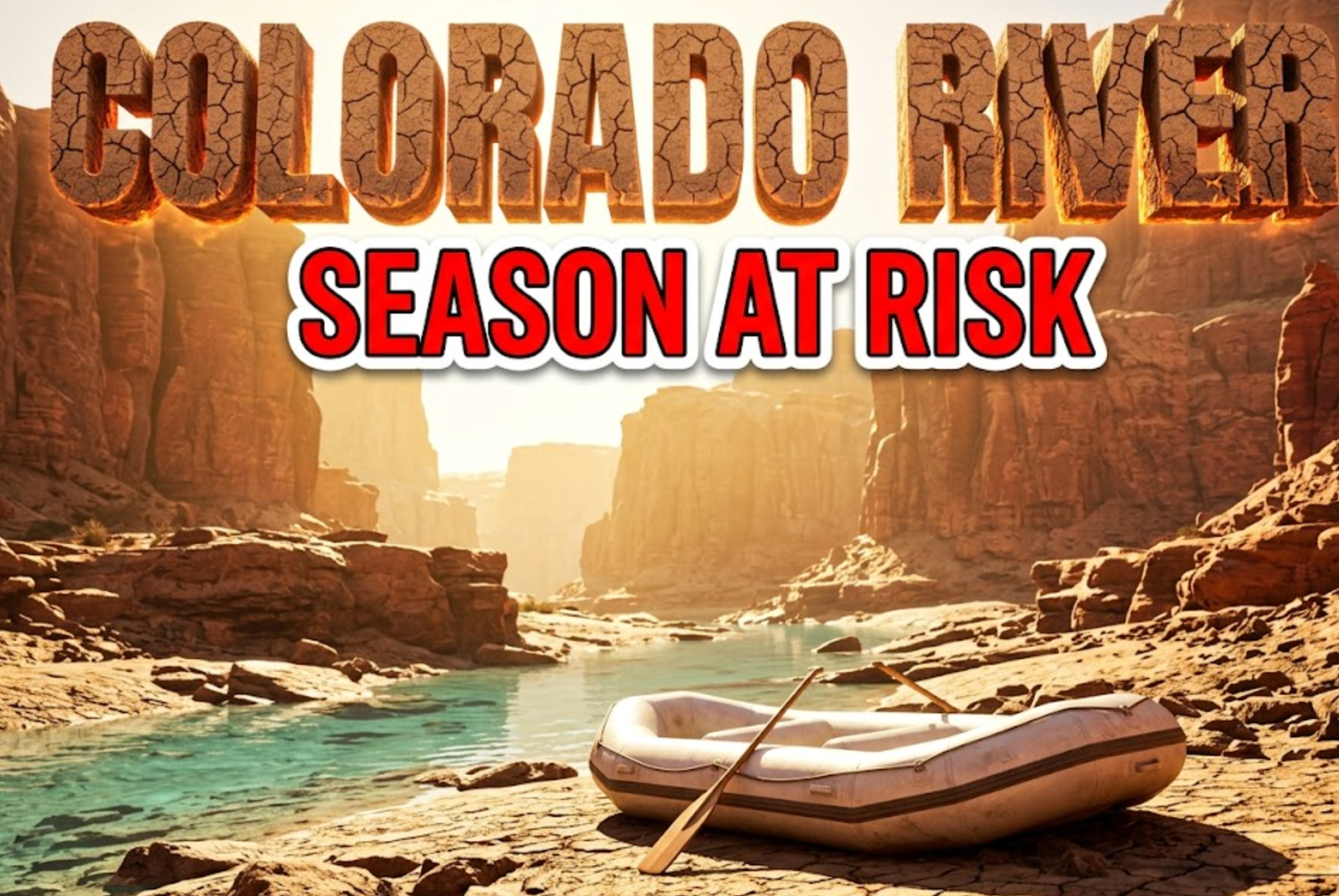 A viral, hyper-realistic YouTube thumbnail with a dramatic outdoor adventure atmosphere. The background is a sun-scorched Colorado River canyon with exposed rocky riverbanks, shallow turquoise water, and towering red rock formations under intense golden sunlight creating harsh shadows. The composition uses a low angle Dutch tilt to focus on the main subject: an empty, grounded white water raft sitting on dry cracked riverbed rocks with a wooden paddle leaning against it. Image size should be 3:2. The image features massive 3D typography with strict hierarchy: The Primary Text reads exactly: 'COLORADO RIVER'. This text is massive, the largest element in the frame, rendered in dried cracked earth texture with glowing orange heat distortion to look like a high-budget 3D render. The Secondary Text reads exactly: 'SEASON AT RISK'. This text is significantly smaller, positioned below the main text. It features a thick, distinct bright red border with white outline in sticker style to contrast against the background. Make sure text 2 is always different theme, style, effect and border compared to text 1. The text materials correspond to the story's concept. Crucial Instruction: There is absolutely NO other text, numbers, watermarks, or subtitles in this image other than these two specific lines. 8k, Unreal Engine 5, cinematic render