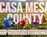 A viral, hyper-realistic YouTube thumbnail with a compassionate community activism atmosphere. The background is a sunny outdoor park setting in Colorado with mountains visible in the distance, natural daylight creating warm golden tones across green grass. The composition uses a low angle shot to focus on the main subject: a field of colorful spinning pinwheels planted in the ground, with blue, red, yellow, and purple pinwheels in sharp focus, their metallic centers catching sunlight while blurred rows extend into the background. Image size should be 3:2. The image features massive 3D typography with strict hierarchy: The Primary Text reads exactly: 'CASA MESA COUNTY'. This text is massive, the largest element in the frame, rendered in soft gradient pastel colors with gentle glow effect to look like a high-budget 3D render with compassionate warmth. The Secondary Text reads exactly: '237 CHILDREN PROTECTED'. This text is significantly smaller, positioned below the main text. It features a thick, distinct white border with inner shadow (sticker style) to contrast against the background. Make sure text 2 is always different theme, style, effect and border compared to text 1. The text materials correspond to the story's concept of hope and protection. Crucial Instruction: There is absolutely NO other text, numbers, watermarks, or subtitles in this image other than these two specific lines. 8k, Unreal Engine 5, cinematic render.