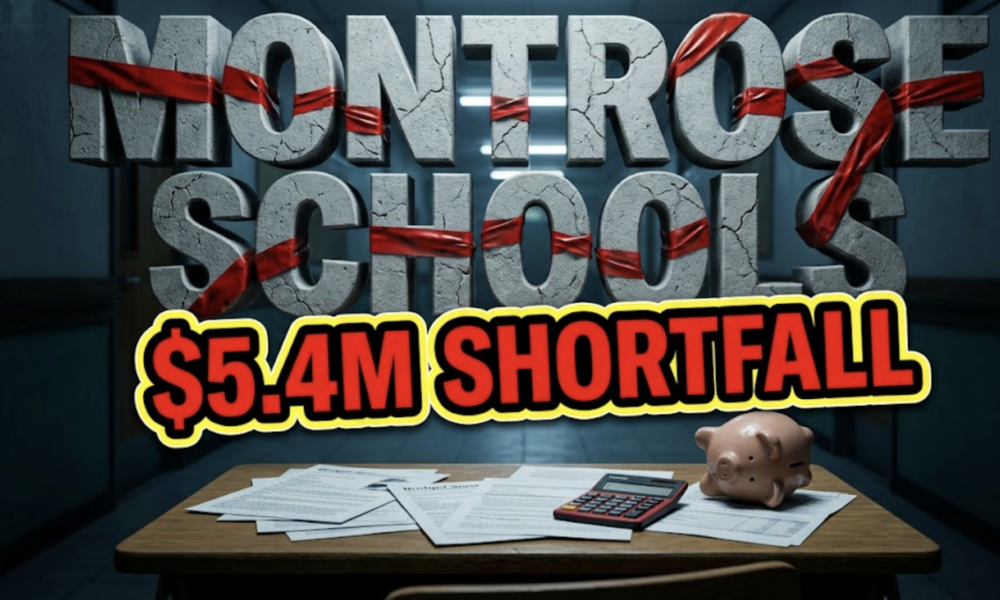 A viral, hyper-realistic YouTube thumbnail with a tense educational-financial atmosphere. The background is a dimmed school hallway with empty lockers and classroom doors, lit by cold fluorescent lighting from above creating dramatic shadows. The composition uses a low angle shot to focus on the main subject: a detailed wooden school desk with scattered budget documents, a red calculator, and an empty piggy bank tipped over. Image size should be 3:2. The image features massive 3D typography with strict hierarchy: The Primary Text reads exactly: 'MONTROSE SCHOOLS'. This text is massive, the largest element in the frame, rendered in cracked concrete material with red warning tape wrapped around the letters to look like a high-budget 3D render. The Secondary Text reads exactly: '$5.4M SHORTFALL'. This text is significantly smaller, positioned below the main text. It features a thick, distinct bright yellow border with black outline (sticker style) in bold red lettering to contrast against the background. Make sure text 2 is always different theme, style, effect and border compared to text 1. The text materials correspond to the story's concept. Crucial Instruction: There is absolutely NO other text, numbers, watermarks, or subtitles in this image other than these two specific lines. 8k, Unreal Engine 5, cinematic render.