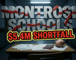 A viral, hyper-realistic YouTube thumbnail with a tense educational-financial atmosphere. The background is a dimmed school hallway with empty lockers and classroom doors, lit by cold fluorescent lighting from above creating dramatic shadows. The composition uses a low angle shot to focus on the main subject: a detailed wooden school desk with scattered budget documents, a red calculator, and an empty piggy bank tipped over. Image size should be 3:2. The image features massive 3D typography with strict hierarchy: The Primary Text reads exactly: 'MONTROSE SCHOOLS'. This text is massive, the largest element in the frame, rendered in cracked concrete material with red warning tape wrapped around the letters to look like a high-budget 3D render. The Secondary Text reads exactly: '$5.4M SHORTFALL'. This text is significantly smaller, positioned below the main text. It features a thick, distinct bright yellow border with black outline (sticker style) in bold red lettering to contrast against the background. Make sure text 2 is always different theme, style, effect and border compared to text 1. The text materials correspond to the story's concept. Crucial Instruction: There is absolutely NO other text, numbers, watermarks, or subtitles in this image other than these two specific lines. 8k, Unreal Engine 5, cinematic render.