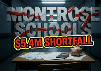 A viral, hyper-realistic YouTube thumbnail with a tense educational-financial atmosphere. The background is a dimmed school hallway with empty lockers and classroom doors, lit by cold fluorescent lighting from above creating dramatic shadows. The composition uses a low angle shot to focus on the main subject: a detailed wooden school desk with scattered budget documents, a red calculator, and an empty piggy bank tipped over. Image size should be 3:2. The image features massive 3D typography with strict hierarchy: The Primary Text reads exactly: 'MONTROSE SCHOOLS'. This text is massive, the largest element in the frame, rendered in cracked concrete material with red warning tape wrapped around the letters to look like a high-budget 3D render. The Secondary Text reads exactly: '$5.4M SHORTFALL'. This text is significantly smaller, positioned below the main text. It features a thick, distinct bright yellow border with black outline (sticker style) in bold red lettering to contrast against the background. Make sure text 2 is always different theme, style, effect and border compared to text 1. The text materials correspond to the story's concept. Crucial Instruction: There is absolutely NO other text, numbers, watermarks, or subtitles in this image other than these two specific lines. 8k, Unreal Engine 5, cinematic render.