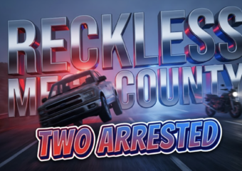 A viral, hyper-realistic YouTube thumbnail with a tense law enforcement atmosphere. The background is a dramatic Colorado highway scene at dusk with red and blue police lights creating sharp contrasts and volumetric fog. The composition uses a low angle Dutch tilt to focus on the main subject: a tilted pickup truck frozen mid-action on two wheels with motion blur effects and a motorcycle with speed trails in the background, both vehicles faceless and empty. Image size should be 3:2. The image features massive 3D typography with strict hierarchy: The Primary Text reads exactly: 'RECKLESS MESA COUNTY'. This text is massive, the largest element in the frame, rendered in metallic chrome with police light reflections to look like a high-budget 3D render. The Secondary Text reads exactly: 'TWO ARRESTED'. This text is significantly smaller, positioned below the main text. It features a thick, distinct red and blue gradient border/outline (sticker style) to contrast against the background. Make sure text 2 is always different theme, style, effect and border compared to text 1. The text materials correspond to the story's concept. Crucial Instruction: There is absolutely NO other text, numbers, watermarks, or subtitles in this image other than these two specific lines. 8k, Unreal Engine 5, cinematic render