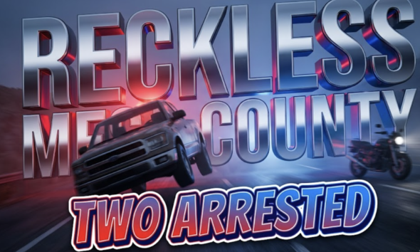 A viral, hyper-realistic YouTube thumbnail with a tense law enforcement atmosphere. The background is a dramatic Colorado highway scene at dusk with red and blue police lights creating sharp contrasts and volumetric fog. The composition uses a low angle Dutch tilt to focus on the main subject: a tilted pickup truck frozen mid-action on two wheels with motion blur effects and a motorcycle with speed trails in the background, both vehicles faceless and empty. Image size should be 3:2. The image features massive 3D typography with strict hierarchy: The Primary Text reads exactly: 'RECKLESS MESA COUNTY'. This text is massive, the largest element in the frame, rendered in metallic chrome with police light reflections to look like a high-budget 3D render. The Secondary Text reads exactly: 'TWO ARRESTED'. This text is significantly smaller, positioned below the main text. It features a thick, distinct red and blue gradient border/outline (sticker style) to contrast against the background. Make sure text 2 is always different theme, style, effect and border compared to text 1. The text materials correspond to the story's concept. Crucial Instruction: There is absolutely NO other text, numbers, watermarks, or subtitles in this image other than these two specific lines. 8k, Unreal Engine 5, cinematic render