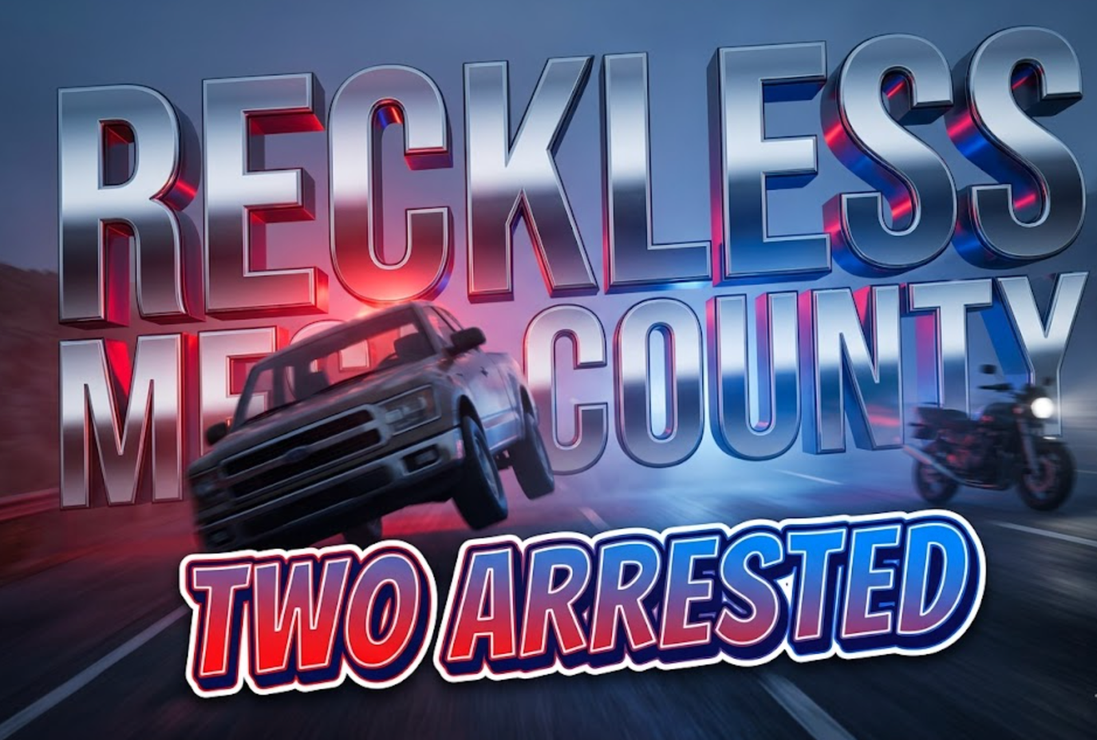 A viral, hyper-realistic YouTube thumbnail with a tense law enforcement atmosphere. The background is a dramatic Colorado highway scene at dusk with red and blue police lights creating sharp contrasts and volumetric fog. The composition uses a low angle Dutch tilt to focus on the main subject: a tilted pickup truck frozen mid-action on two wheels with motion blur effects and a motorcycle with speed trails in the background, both vehicles faceless and empty. Image size should be 3:2. The image features massive 3D typography with strict hierarchy: The Primary Text reads exactly: 'RECKLESS MESA COUNTY'. This text is massive, the largest element in the frame, rendered in metallic chrome with police light reflections to look like a high-budget 3D render. The Secondary Text reads exactly: 'TWO ARRESTED'. This text is significantly smaller, positioned below the main text. It features a thick, distinct red and blue gradient border/outline (sticker style) to contrast against the background. Make sure text 2 is always different theme, style, effect and border compared to text 1. The text materials correspond to the story's concept. Crucial Instruction: There is absolutely NO other text, numbers, watermarks, or subtitles in this image other than these two specific lines. 8k, Unreal Engine 5, cinematic render