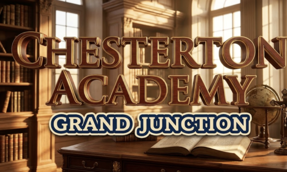 A viral, hyper-realistic YouTube thumbnail with a scholarly, inspirational atmosphere. The background is a sunlit classical library interior with wooden shelves, leather-bound books, and warm golden hour lighting streaming through tall arched windows. The composition uses a low angle shot to focus on the main subject: an ornate wooden desk with an open Latin text, a vintage globe, and a crucifix casting elegant shadows. Image size should be 3:2. The image features massive 3D typography with strict hierarchy: The Primary Text reads exactly: 'CHESTERTON ACADEMY'. This text is massive, the largest element in the frame, rendered in polished mahogany wood with gold leaf accents to look like a high-budget 3D render. The Secondary Text reads exactly: 'GRAND JUNCTION'. This text is significantly smaller, positioned below the main text. It features a thick, distinct navy blue border with cream outline (sticker style) to contrast against the background. Make sure text 2 is always different theme, style, effect and border compared to text 1. The text materials correspond to the story's concept. Crucial Instruction: There is absolutely NO other text, numbers, watermarks, or subtitles in this image other than these two specific lines. 8k, Unreal Engine 5, cinematic render