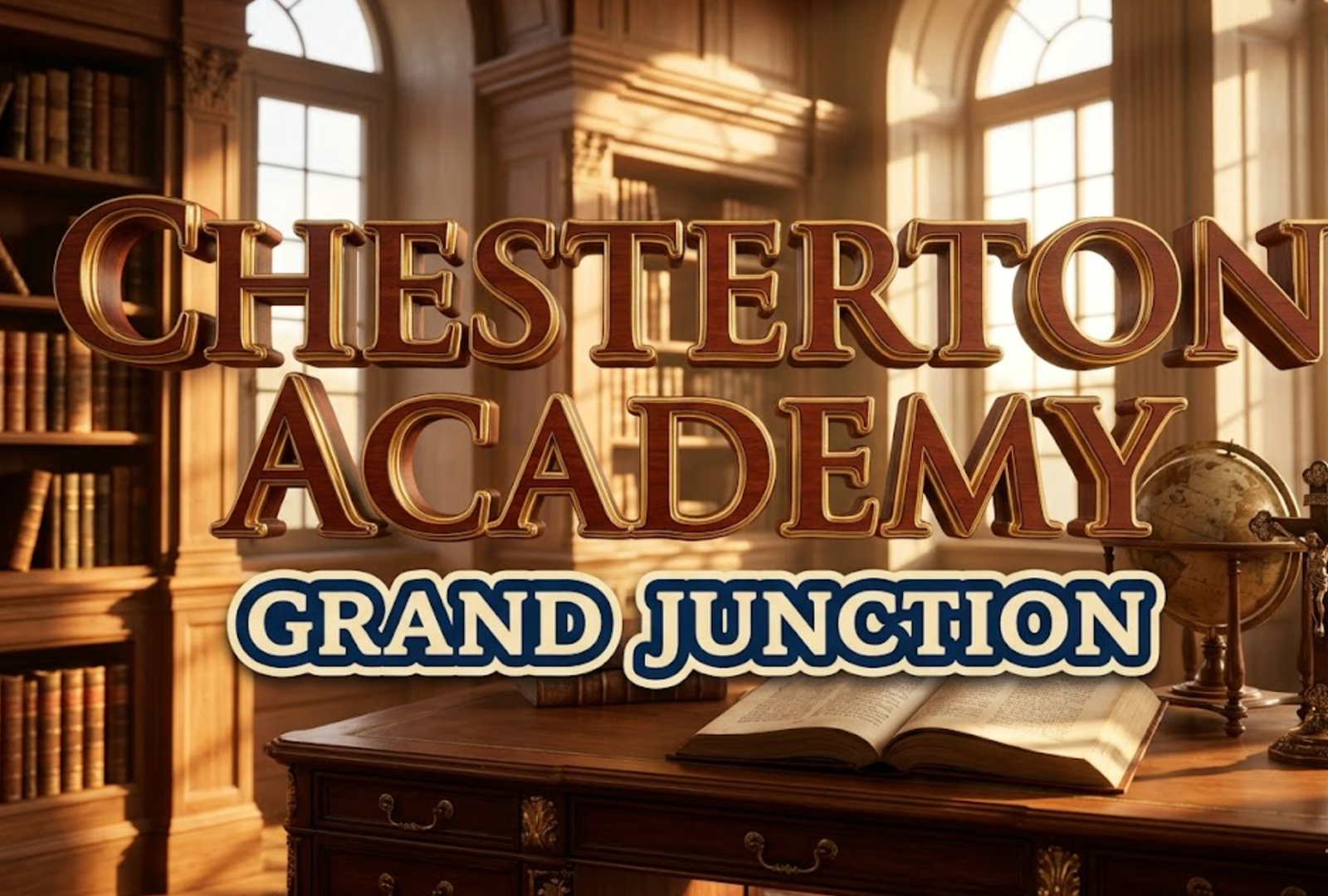A viral, hyper-realistic YouTube thumbnail with a scholarly, inspirational atmosphere. The background is a sunlit classical library interior with wooden shelves, leather-bound books, and warm golden hour lighting streaming through tall arched windows. The composition uses a low angle shot to focus on the main subject: an ornate wooden desk with an open Latin text, a vintage globe, and a crucifix casting elegant shadows. Image size should be 3:2. The image features massive 3D typography with strict hierarchy: The Primary Text reads exactly: 'CHESTERTON ACADEMY'. This text is massive, the largest element in the frame, rendered in polished mahogany wood with gold leaf accents to look like a high-budget 3D render. The Secondary Text reads exactly: 'GRAND JUNCTION'. This text is significantly smaller, positioned below the main text. It features a thick, distinct navy blue border with cream outline (sticker style) to contrast against the background. Make sure text 2 is always different theme, style, effect and border compared to text 1. The text materials correspond to the story's concept. Crucial Instruction: There is absolutely NO other text, numbers, watermarks, or subtitles in this image other than these two specific lines. 8k, Unreal Engine 5, cinematic render