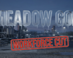 The image features massive 3D typography with strict hierarchy: The Primary Text reads exactly: 'MEADOW GOLD'. This text is massive, the largest element in the frame, rendered in frosted glass with condensation droplets to look like a high-budget 3D render with cold dairy product aesthetic. The Secondary Text reads exactly: 'WORKFORCE CUT'. This text is significantly smaller, positioned below the main text. It features a thick, distinct red border/outline (sticker style) with bold sans-serif lettering to contrast against the industrial background. Make sure text 2 is always different theme, style, effect and border compared to text 1. The text materials correspond to the story's concept. Crucial Instruction: There is absolutely NO other text, numbers, watermarks, or subtitles in this image other than these two specific lines. 8k, Unreal Engine 5, cinematic render.