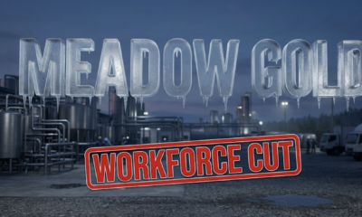 The image features massive 3D typography with strict hierarchy: The Primary Text reads exactly: 'MEADOW GOLD'. This text is massive, the largest element in the frame, rendered in frosted glass with condensation droplets to look like a high-budget 3D render with cold dairy product aesthetic. The Secondary Text reads exactly: 'WORKFORCE CUT'. This text is significantly smaller, positioned below the main text. It features a thick, distinct red border/outline (sticker style) with bold sans-serif lettering to contrast against the industrial background. Make sure text 2 is always different theme, style, effect and border compared to text 1. The text materials correspond to the story's concept. Crucial Instruction: There is absolutely NO other text, numbers, watermarks, or subtitles in this image other than these two specific lines. 8k, Unreal Engine 5, cinematic render.