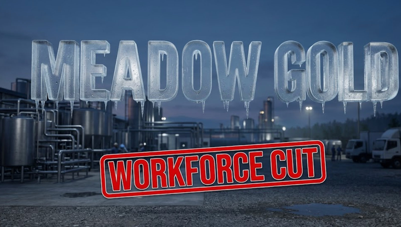 The image features massive 3D typography with strict hierarchy:
The Primary Text reads exactly: 'MEADOW GOLD'. This text is massive, the largest element in the frame, rendered in frosted glass with condensation droplets to look like a high-budget 3D render with cold dairy product aesthetic.
The Secondary Text reads exactly: 'WORKFORCE CUT'. This text is significantly smaller, positioned below the main text. It features a thick, distinct red border/outline (sticker style) with bold sans-serif lettering to contrast against the industrial background. Make sure text 2 is always different theme, style, effect and border compared to text 1.

The text materials correspond to the story's concept. Crucial Instruction: There is absolutely NO other text, numbers, watermarks, or subtitles in this image other than these two specific lines. 8k, Unreal Engine 5, cinematic render.