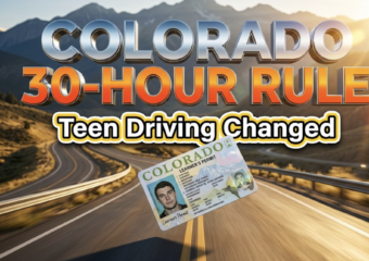 A viral, hyper-realistic YouTube thumbnail with a modern government/automotive safety atmosphere. The background is a Colorado highway landscape with mountain peaks in the distance, featuring dramatic golden hour lighting with lens flares. The composition uses a low angle hero shot to focus on the main subject: a detailed learner's permit card floating in mid-air with dramatic depth of field, surrounded by subtle motion blur effects suggesting speed and urgency. Image size should be 3:2. The image features massive 3D typography with strict hierarchy: The Primary Text reads exactly: 'COLORADO 30-HOUR RULE'. This text is massive, the largest element in the frame, rendered in Chrome and Safety Orange gradient material with realistic reflections to look like a high-budget 3D render. The Secondary Text reads exactly: 'Teen Driving Changed'. This text is significantly smaller, positioned below the main text. It features a thick, distinct white and yellow border/outline in sticker style to contrast against the background. Make sure text 2 is always different theme, style, effect and border compared to text 1. The text materials correspond to the story's concept of safety and government regulation. Crucial Instruction: There is absolutely NO other text, numbers, watermarks, or subtitles in this image other than these two specific lines. 8k, Unreal Engine 5, cinematic render.
