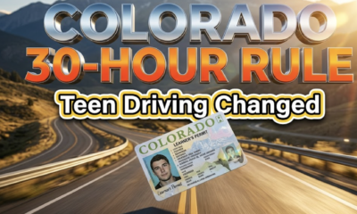 A viral, hyper-realistic YouTube thumbnail with a modern government/automotive safety atmosphere. The background is a Colorado highway landscape with mountain peaks in the distance, featuring dramatic golden hour lighting with lens flares. The composition uses a low angle hero shot to focus on the main subject: a detailed learner's permit card floating in mid-air with dramatic depth of field, surrounded by subtle motion blur effects suggesting speed and urgency. Image size should be 3:2. The image features massive 3D typography with strict hierarchy: The Primary Text reads exactly: 'COLORADO 30-HOUR RULE'. This text is massive, the largest element in the frame, rendered in Chrome and Safety Orange gradient material with realistic reflections to look like a high-budget 3D render. The Secondary Text reads exactly: 'Teen Driving Changed'. This text is significantly smaller, positioned below the main text. It features a thick, distinct white and yellow border/outline in sticker style to contrast against the background. Make sure text 2 is always different theme, style, effect and border compared to text 1. The text materials correspond to the story's concept of safety and government regulation. Crucial Instruction: There is absolutely NO other text, numbers, watermarks, or subtitles in this image other than these two specific lines. 8k, Unreal Engine 5, cinematic render.