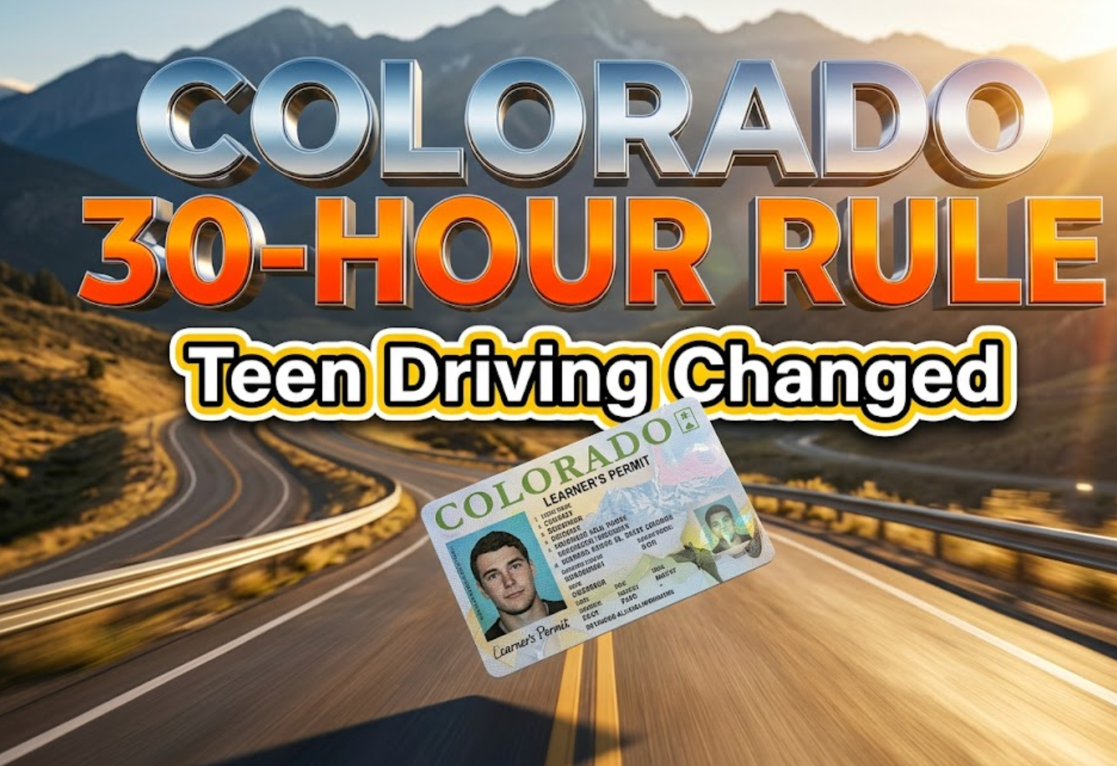 A viral, hyper-realistic YouTube thumbnail with a modern government/automotive safety atmosphere. The background is a Colorado highway landscape with mountain peaks in the distance, featuring dramatic golden hour lighting with lens flares. The composition uses a low angle hero shot to focus on the main subject: a detailed learner's permit card floating in mid-air with dramatic depth of field, surrounded by subtle motion blur effects suggesting speed and urgency. Image size should be 3:2. The image features massive 3D typography with strict hierarchy: The Primary Text reads exactly: 'COLORADO 30-HOUR RULE'. This text is massive, the largest element in the frame, rendered in Chrome and Safety Orange gradient material with realistic reflections to look like a high-budget 3D render. The Secondary Text reads exactly: 'Teen Driving Changed'. This text is significantly smaller, positioned below the main text. It features a thick, distinct white and yellow border/outline in sticker style to contrast against the background. Make sure text 2 is always different theme, style, effect and border compared to text 1. The text materials correspond to the story's concept of safety and government regulation. Crucial Instruction: There is absolutely NO other text, numbers, watermarks, or subtitles in this image other than these two specific lines. 8k, Unreal Engine 5, cinematic render.