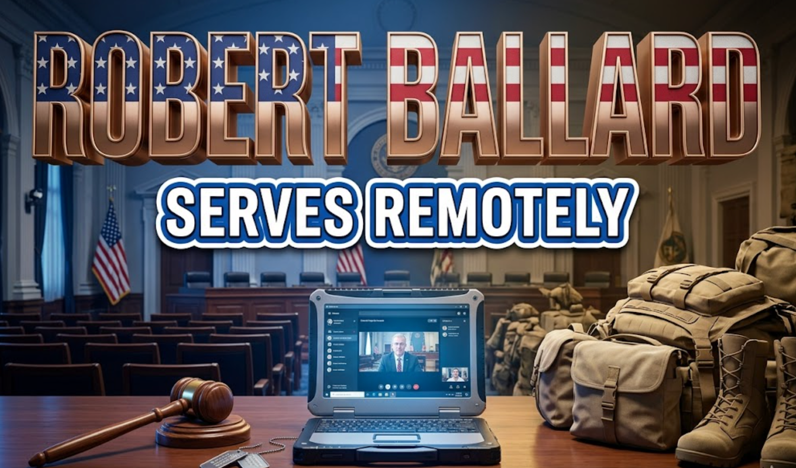 A viral, hyper-realistic YouTube thumbnail with a patriotic civic atmosphere. The background is a split scene showing a modern city council chamber on the left with empty wooden seats and American flags, blending into a military deployment setting on the right with desert tan gear and combat boots, connected by a glowing laptop screen in the center. Dramatic blue and gold lighting creates a solemn yet hopeful mood. The composition uses a straight-on medium angle to focus on the main subject: a polished wooden gavel resting on a council desk next to military dog tags and an open laptop displaying a video call interface. Image size should be 3:2. The image features massive 3D typography with strict hierarchy: The Primary Text reads exactly: 'ROBERT BALLARD'. This text is massive, the largest element in the frame, rendered in polished bronze metal with American flag texture overlay to look like a high-budget 3D render. The Secondary Text reads exactly: 'SERVES REMOTELY'. This text is significantly smaller, positioned below the main text. It features a thick, distinct white and blue border outline in sticker style to contrast against the background. Make sure text 2 is always different theme, style, effect and border compared to text 1. The text materials correspond to the story's concept. Crucial Instruction: There is absolutely NO other text, numbers, watermarks, or subtitles in this image other than these two specific lines. 8k, Unreal Engine 5, cinematic render.