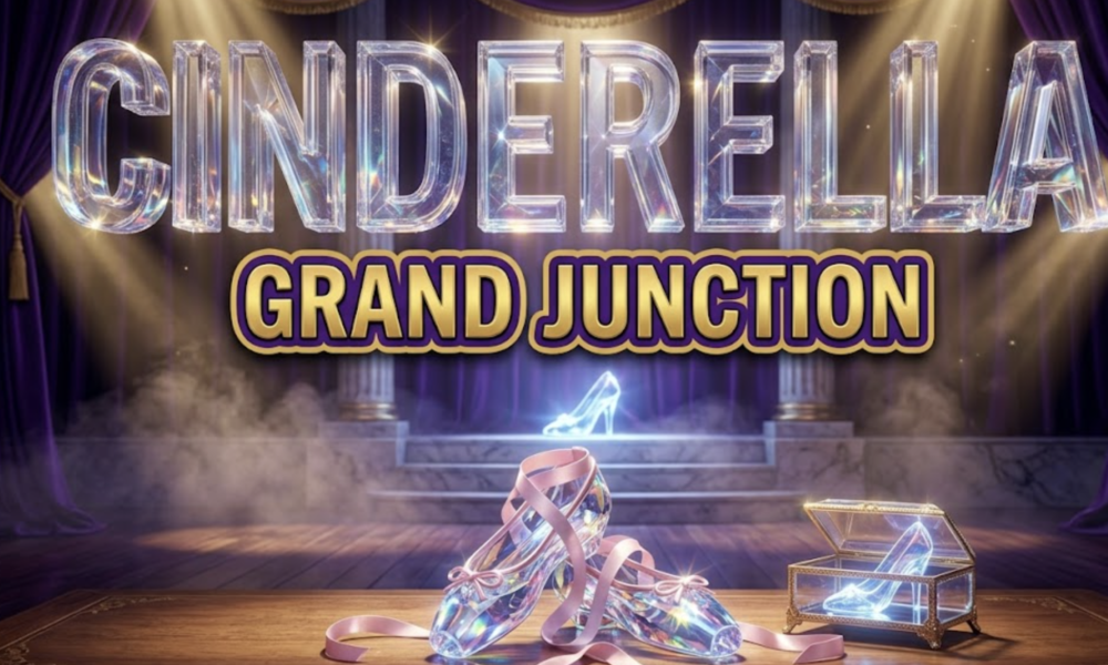 A viral, hyper-realistic YouTube thumbnail with a fairytale ballet atmosphere. The background is a grand theater stage with royal purple velvet curtains, golden spotlights creating dramatic beams through stage fog, and a glowing glass slipper on marble steps as the centerpiece. The composition uses a low angle shot to focus on the main subject: an ornate glass slipper catching prismatic light with ballet pointe shoes crossed behind it. Image size should be 3:2. The image features massive 3D typography with strict hierarchy: The Primary Text reads exactly: 'CINDERELLA'. This text is massive, the largest element in the frame, rendered in crystalline glass material with internal light refraction to look like a high-budget 3D render. The Secondary Text reads exactly: 'GRAND JUNCTION'. This text is significantly smaller, positioned below the main text. It features a thick, distinct royal gold border with purple outline (sticker style) to contrast against the background. Make sure text 2 is always different theme, style, effect and border compared to text 1. The text materials correspond to the story's fairytale ballet concept. Crucial Instruction: There is absolutely NO other text, numbers, watermarks, or subtitles in this image other than these two specific lines. 8k, Unreal Engine 5, cinematic render.