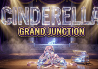 A viral, hyper-realistic YouTube thumbnail with a fairytale ballet atmosphere. The background is a grand theater stage with royal purple velvet curtains, golden spotlights creating dramatic beams through stage fog, and a glowing glass slipper on marble steps as the centerpiece. The composition uses a low angle shot to focus on the main subject: an ornate glass slipper catching prismatic light with ballet pointe shoes crossed behind it. Image size should be 3:2. The image features massive 3D typography with strict hierarchy: The Primary Text reads exactly: 'CINDERELLA'. This text is massive, the largest element in the frame, rendered in crystalline glass material with internal light refraction to look like a high-budget 3D render. The Secondary Text reads exactly: 'GRAND JUNCTION'. This text is significantly smaller, positioned below the main text. It features a thick, distinct royal gold border with purple outline (sticker style) to contrast against the background. Make sure text 2 is always different theme, style, effect and border compared to text 1. The text materials correspond to the story's fairytale ballet concept. Crucial Instruction: There is absolutely NO other text, numbers, watermarks, or subtitles in this image other than these two specific lines. 8k, Unreal Engine 5, cinematic render.