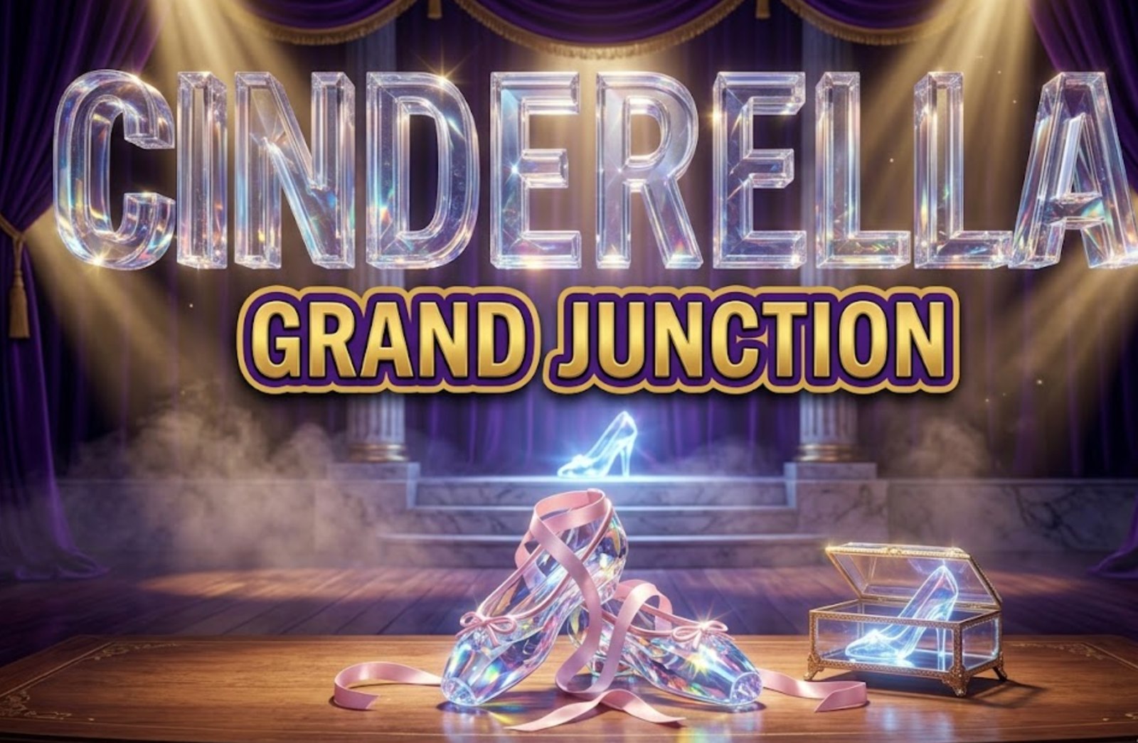 A viral, hyper-realistic YouTube thumbnail with a fairytale ballet atmosphere. The background is a grand theater stage with royal purple velvet curtains, golden spotlights creating dramatic beams through stage fog, and a glowing glass slipper on marble steps as the centerpiece. The composition uses a low angle shot to focus on the main subject: an ornate glass slipper catching prismatic light with ballet pointe shoes crossed behind it. Image size should be 3:2. The image features massive 3D typography with strict hierarchy: The Primary Text reads exactly: 'CINDERELLA'. This text is massive, the largest element in the frame, rendered in crystalline glass material with internal light refraction to look like a high-budget 3D render. The Secondary Text reads exactly: 'GRAND JUNCTION'. This text is significantly smaller, positioned below the main text. It features a thick, distinct royal gold border with purple outline (sticker style) to contrast against the background. Make sure text 2 is always different theme, style, effect and border compared to text 1. The text materials correspond to the story's fairytale ballet concept. Crucial Instruction: There is absolutely NO other text, numbers, watermarks, or subtitles in this image other than these two specific lines. 8k, Unreal Engine 5, cinematic render.
