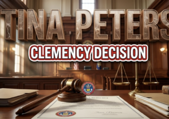 A viral, hyper-realistic YouTube thumbnail with a Government/Legal atmosphere. The background is a Colorado state capitol building interior with dramatic courtroom lighting, featuring rich mahogany wood panels and morning sunlight streaming through tall windows. The composition uses a Low Angle shot to focus on the main subject: a highly detailed wooden judge's gavel resting on an official clemency document with the Colorado state seal visible, surrounded by legal folders and an antique brass scale of justice slightly out of focus in the background. Image size should be 3:2. The image features massive 3D typography with strict hierarchy: The Primary Text reads exactly: 'TINA PETERS'. This text is massive, the largest element in the frame, rendered in Polished Bronze with Marble Veining to look like a high-budget 3D render with dramatic shadows. The Secondary Text reads exactly: 'CLEMENCY DECISION'. This text is significantly smaller, positioned below the main text. It features a thick, distinct red and white border/outline in sticker style to contrast against the background. Make sure text 2 is always different theme, style, effect and border compared to text 1. The text materials correspond to the story's legal and governmental concept. Crucial Instruction: There is absolutely NO other text, numbers, watermarks, or subtitles in this image other than these two specific lines. 8k, Unreal Engine 5, cinematic render