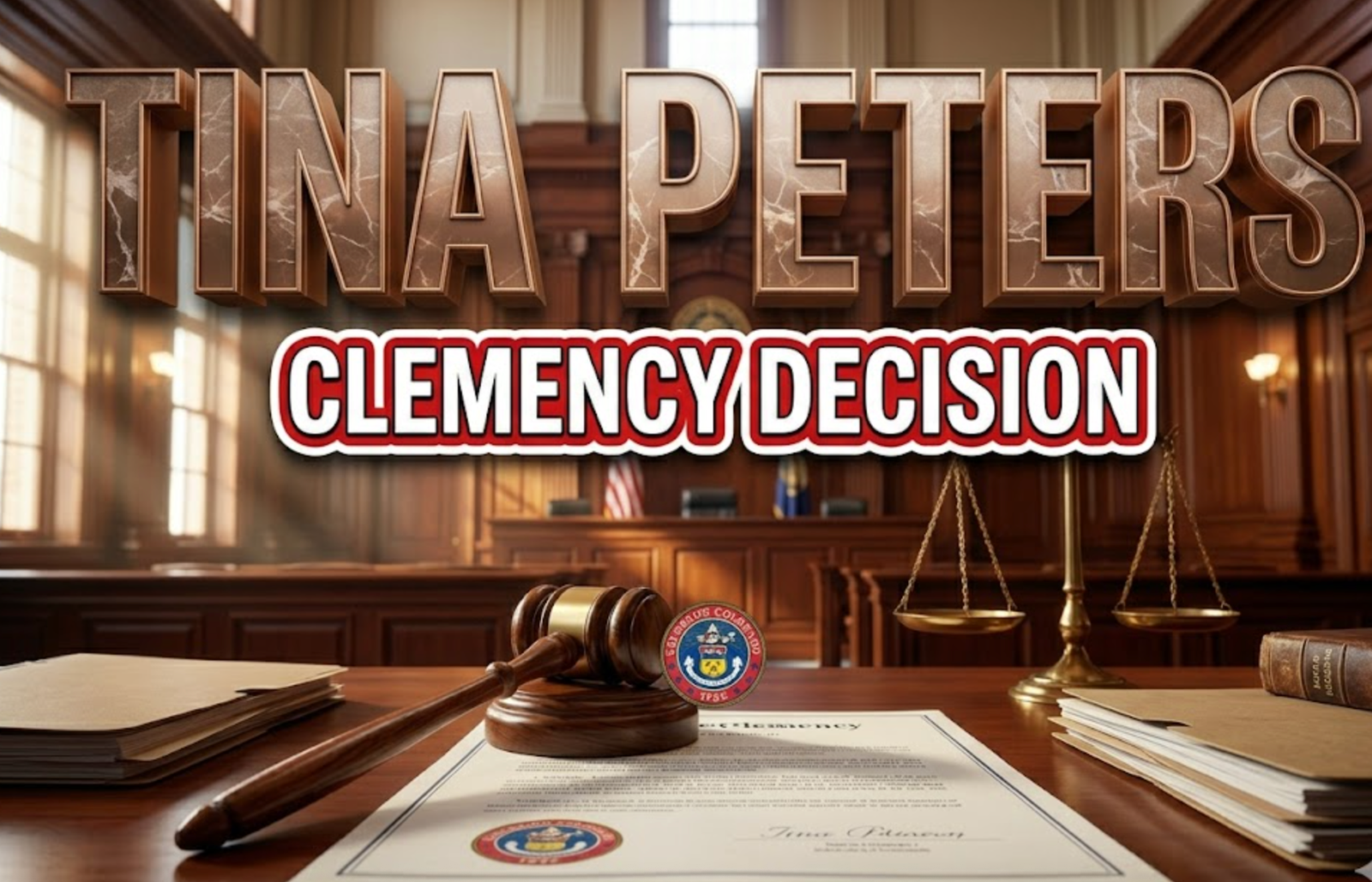 A viral, hyper-realistic YouTube thumbnail with a Government/Legal atmosphere. The background is a Colorado state capitol building interior with dramatic courtroom lighting, featuring rich mahogany wood panels and morning sunlight streaming through tall windows. The composition uses a Low Angle shot to focus on the main subject: a highly detailed wooden judge's gavel resting on an official clemency document with the Colorado state seal visible, surrounded by legal folders and an antique brass scale of justice slightly out of focus in the background. Image size should be 3:2. The image features massive 3D typography with strict hierarchy: The Primary Text reads exactly: 'TINA PETERS'. This text is massive, the largest element in the frame, rendered in Polished Bronze with Marble Veining to look like a high-budget 3D render with dramatic shadows. The Secondary Text reads exactly: 'CLEMENCY DECISION'. This text is significantly smaller, positioned below the main text. It features a thick, distinct red and white border/outline in sticker style to contrast against the background. Make sure text 2 is always different theme, style, effect and border compared to text 1. The text materials correspond to the story's legal and governmental concept. Crucial Instruction: There is absolutely NO other text, numbers, watermarks, or subtitles in this image other than these two specific lines. 8k, Unreal Engine 5, cinematic render
