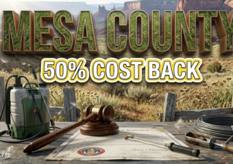 A viral, hyper-realistic YouTube thumbnail with a rugged agricultural atmosphere. The background is a sprawling Colorado landscape with dried invasive weeds covering rolling hills under bright spring sunlight, with the Grand Valley's distinctive red rock formations visible in the distance. The composition uses a low angle shot to focus on the main subject: a professional herbicide sprayer backpack resting against weathered fence posts, with wispy dandelion-like weed seeds floating in the air. Image size should be 3:2. The image features massive 3D typography with strict hierarchy: The Primary Text reads exactly: 'MESA COUNTY'. This text is massive, the largest element in the frame, rendered in metallic bronze with green moss texture overlay to look like a high-budget 3D render. The Secondary Text reads exactly: '50% COST BACK'. This text is significantly smaller, positioned below the main text. It features a thick, distinct bright yellow border with white outline (sticker style) to contrast against the background. Make sure text 2 is always different theme, style, effect and border compared to text 1. The text materials correspond to the story's concept. Crucial Instruction: There is absolutely NO other text, numbers, watermarks, or subtitles in this image other than these two specific lines. 8k, Unreal Engine 5, cinematic render.