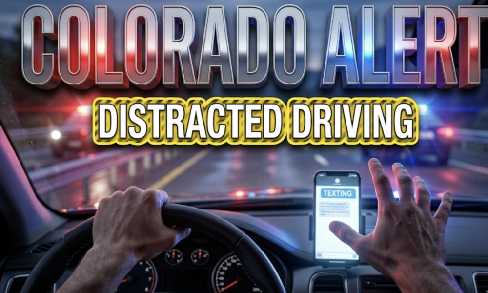 A viral, hyper-realistic YouTube thumbnail with a high-alert law enforcement atmosphere. The background is a blurred Colorado highway at dusk with emergency lights creating red and blue lens flares across the scene with dramatic cinematic lighting. The composition uses a low angle to focus on the main subject: a detailed steering wheel with one hand holding it while the other hand is suspended mid-air reaching toward a glowing smartphone on the dashboard, creating tension. Image size should be 3:2. The image features massive 3D typography with strict hierarchy: The Primary Text reads exactly: 'COLORADO ALERT'. This text is massive, the largest element in the frame, rendered in Police Badge Chrome with emergency light reflections to look like a high-budget 3D render. The Secondary Text reads exactly: 'DISTRACTED DRIVING'. This text is significantly smaller, positioned below the main text. It features a thick, distinct bright yellow border/outline (sticker style) with hazard stripe texture to contrast against the background. Make sure text 2 is always different theme, style, effect and border compared to text 1. The text materials correspond to the story's concept. Crucial Instruction: There is absolutely NO other text, numbers, watermarks, or subtitles in this image other than these two specific lines. 8k, Unreal Engine 5, cinematic render.