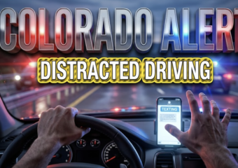 A viral, hyper-realistic YouTube thumbnail with a high-alert law enforcement atmosphere. The background is a blurred Colorado highway at dusk with emergency lights creating red and blue lens flares across the scene with dramatic cinematic lighting. The composition uses a low angle to focus on the main subject: a detailed steering wheel with one hand holding it while the other hand is suspended mid-air reaching toward a glowing smartphone on the dashboard, creating tension. Image size should be 3:2. The image features massive 3D typography with strict hierarchy: The Primary Text reads exactly: 'COLORADO ALERT'. This text is massive, the largest element in the frame, rendered in Police Badge Chrome with emergency light reflections to look like a high-budget 3D render. The Secondary Text reads exactly: 'DISTRACTED DRIVING'. This text is significantly smaller, positioned below the main text. It features a thick, distinct bright yellow border/outline (sticker style) with hazard stripe texture to contrast against the background. Make sure text 2 is always different theme, style, effect and border compared to text 1. The text materials correspond to the story's concept. Crucial Instruction: There is absolutely NO other text, numbers, watermarks, or subtitles in this image other than these two specific lines. 8k, Unreal Engine 5, cinematic render.