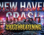 A viral, hyper-realistic YouTube thumbnail with a dramatic nighttime emergency atmosphere. The background is a dark rural intersection with flashing red and blue emergency lights casting dramatic shadows across wet pavement, with a utility pole visible in the distance and emergency vehicles creating a tense scene. The composition uses a low angle Dutch tilt to emphasize the severity and chaos of the accident scene. The main subject is a crumpled car door with shattered glass fragments catching the emergency lights, positioned prominently in the foreground with rescue equipment nearby. Image size should be 3:2. The image features massive 3D typography with strict hierarchy: The Primary Text reads exactly: 'NEW HAVEN CRASH'. This text is massive, the largest element in the frame, rendered in metallic chrome with emergency light reflections and urgent red glow effects to look like a high-budget 3D render. The Secondary Text reads exactly: 'LIFE-THREATENING'. This text is significantly smaller, positioned below the main text. It features a thick, distinct yellow and black caution-stripe border outline (sticker style) to contrast against the background. Make sure text 2 is always different theme, style, effect and border compared to text 1. The text materials correspond to the story's concept. Crucial Instruction: There is absolutely NO other text, numbers, watermarks, or subtitles in this image other than these two specific lines. 8k, Unreal Engine 5, cinematic render